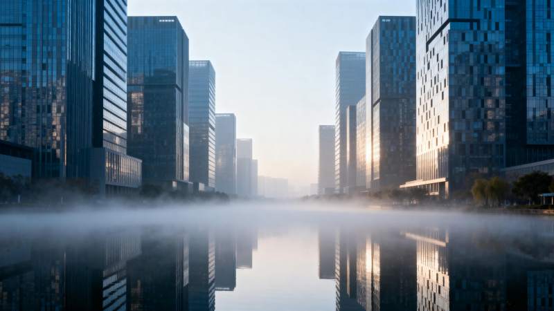 晨雾中的城市倒影图片
