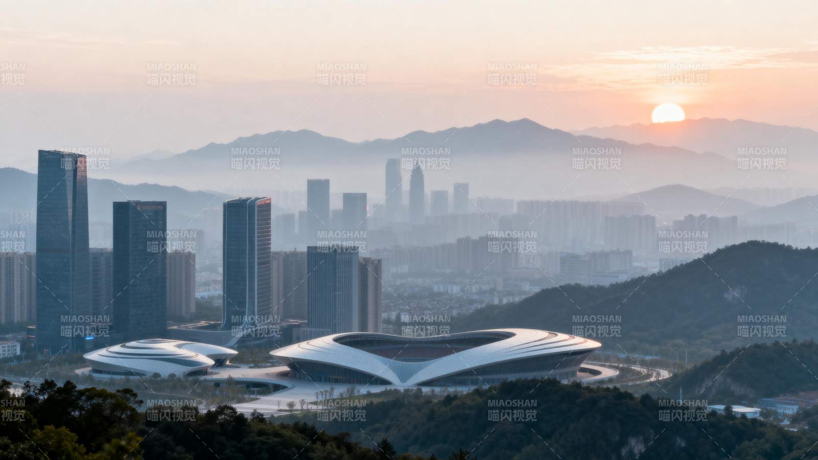 城市晨曦 山河共辉图片