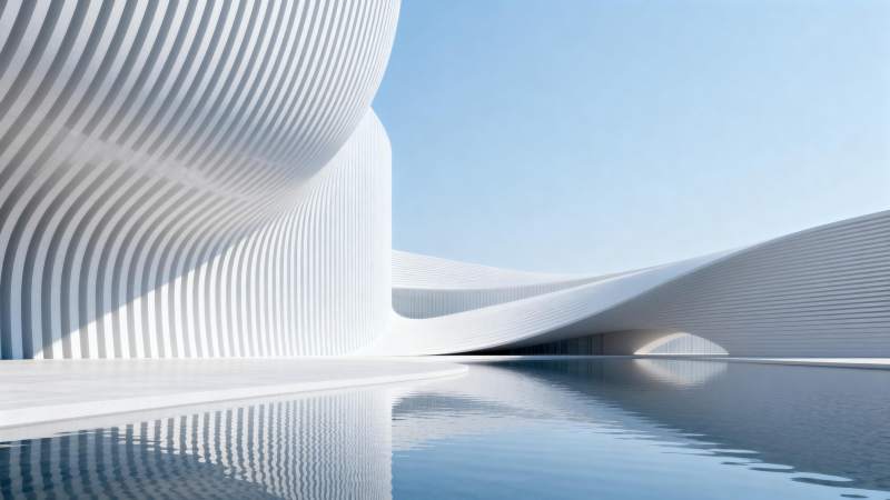 流线白建筑倒影图片
