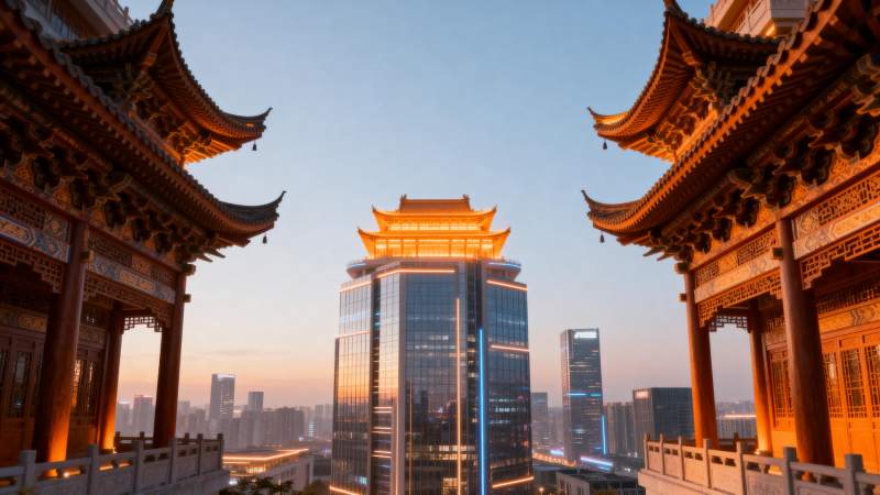 古塔映现代都市图片