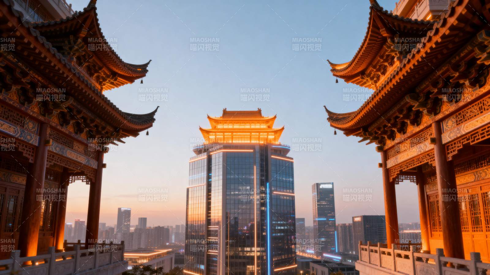 古塔映现代都市图片