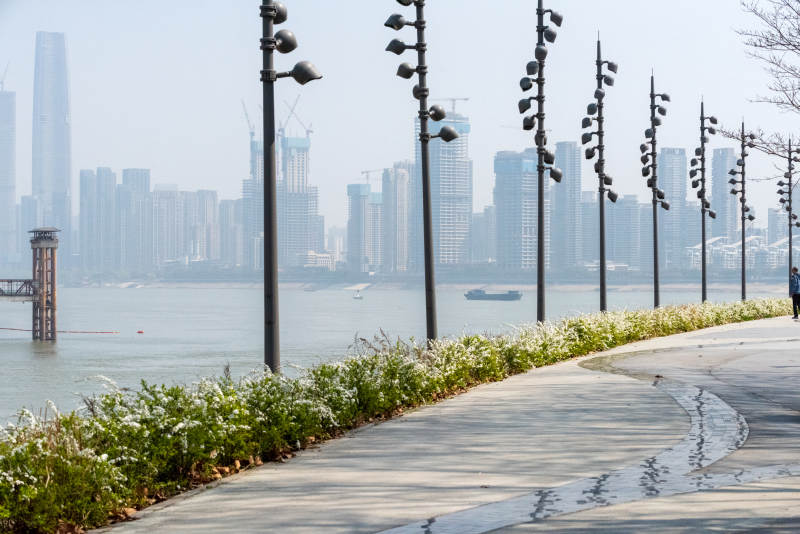 城市天际线与滨水步道图片