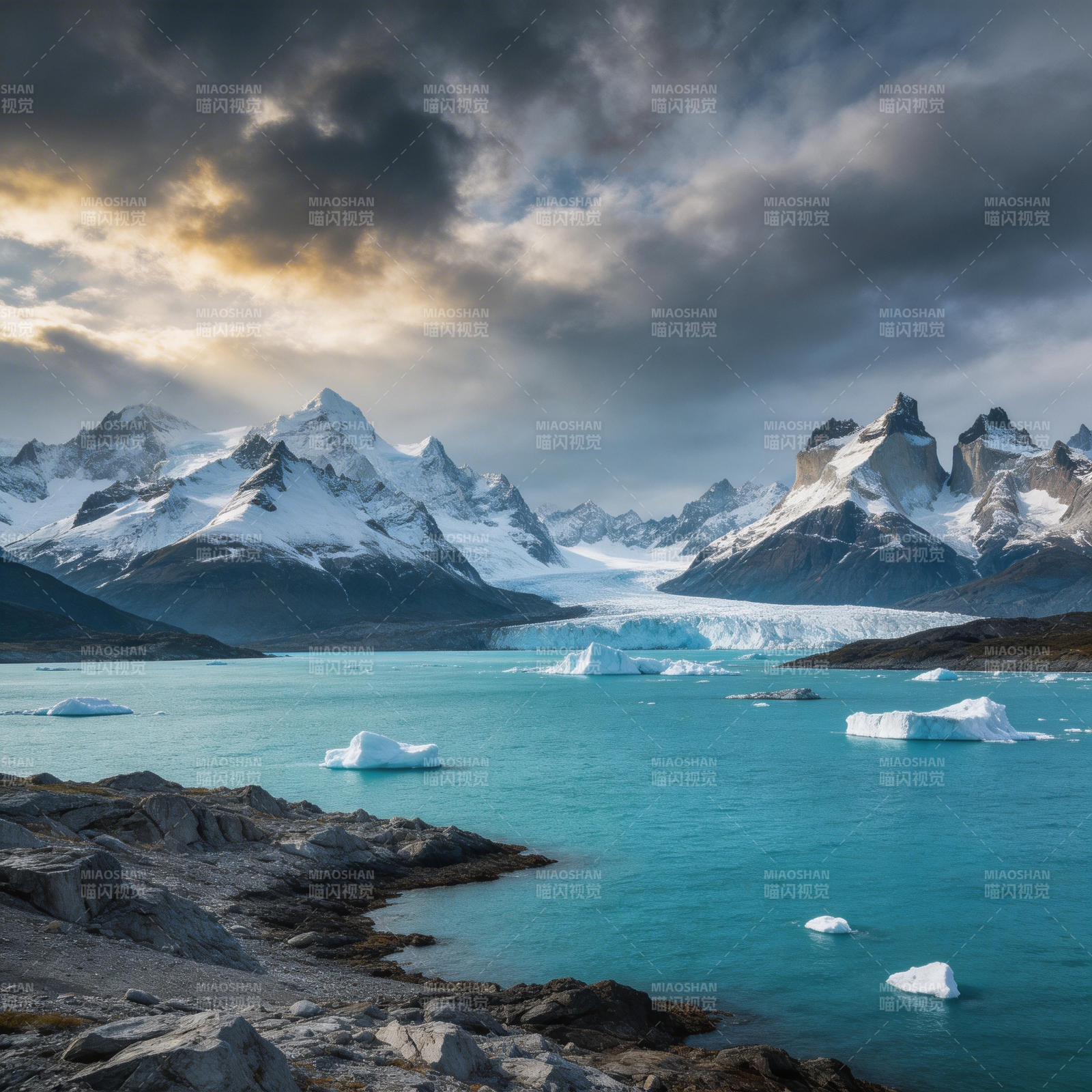 冰川湖畔雪山景图片
