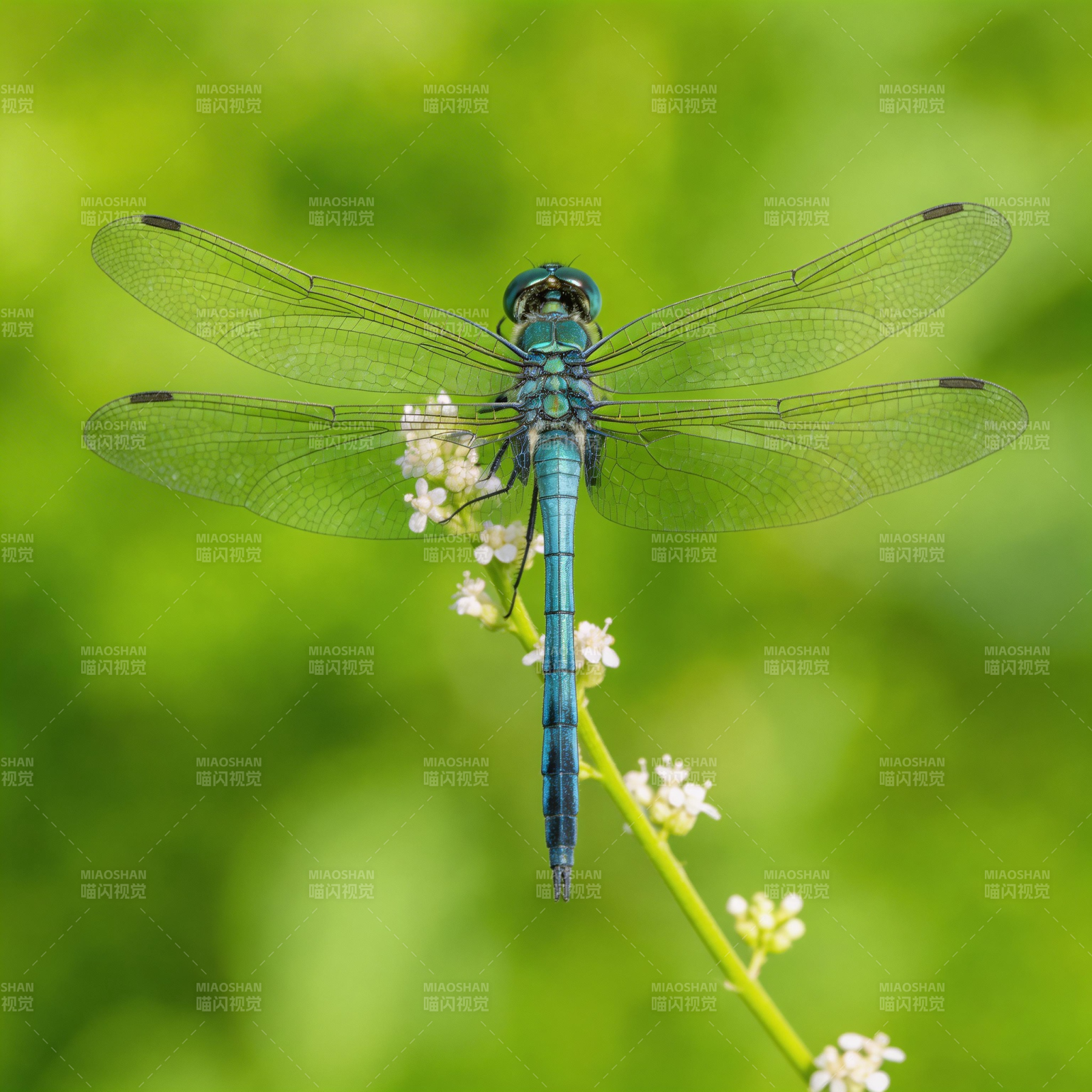 碧绿蜻蜓栖花枝图片