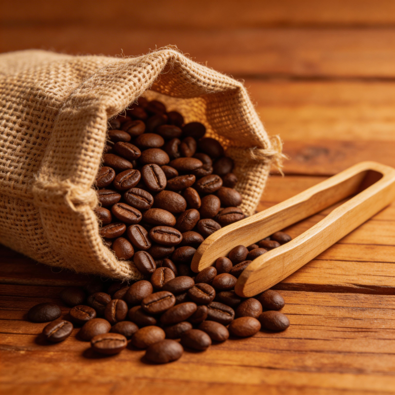 咖啡豆散落木桌图片