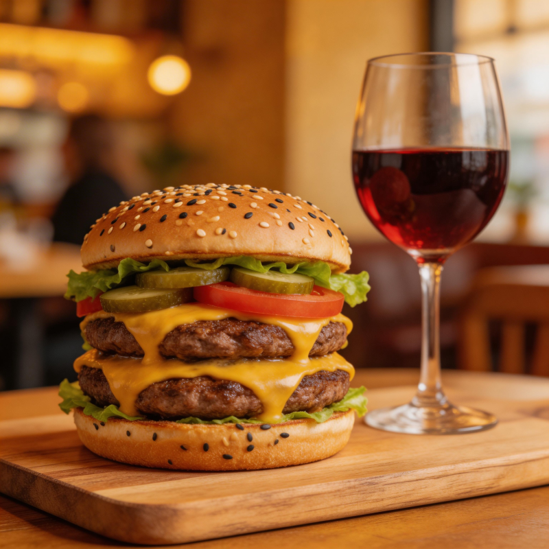 双层芝士汉堡配红酒图片
