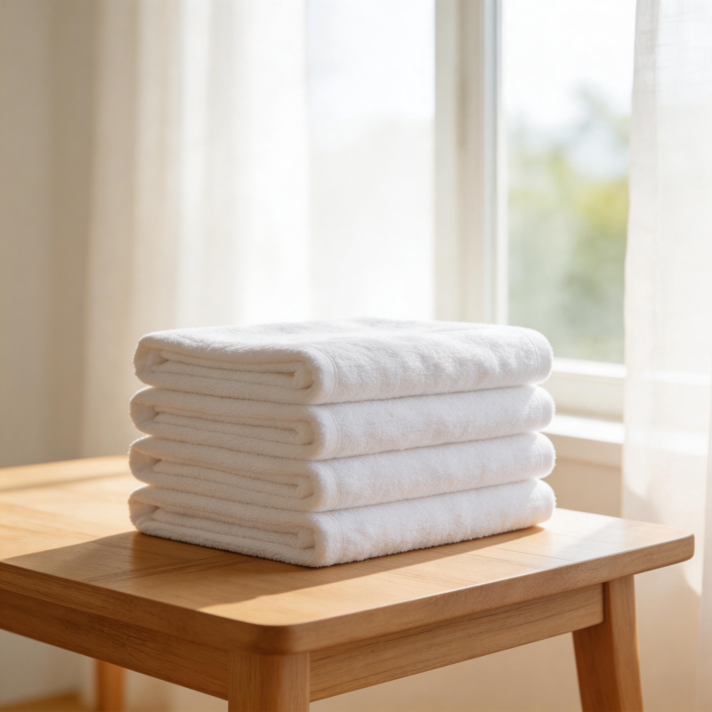 洁白毛巾叠放桌前图片