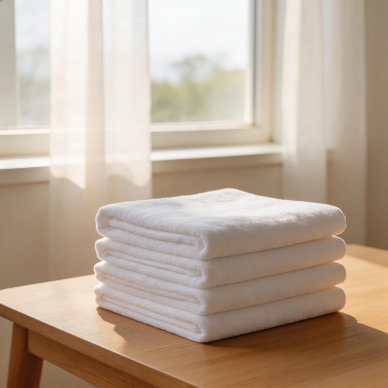 洁白毛巾叠放于木桌图片