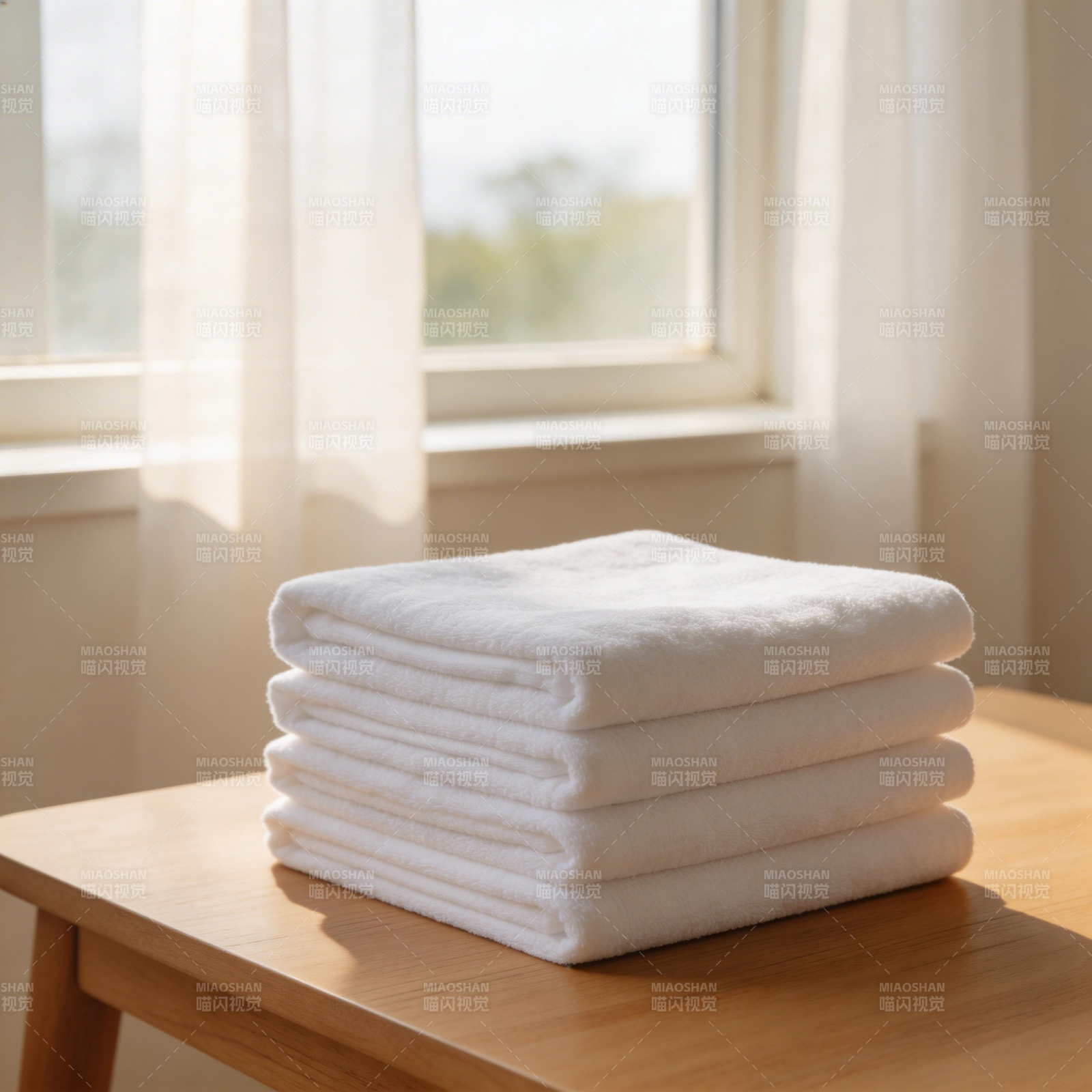 洁白毛巾叠放于木桌图片