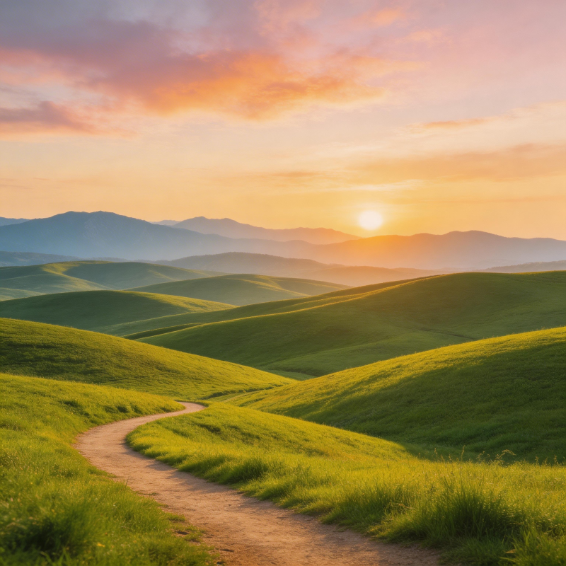 夕阳下的绿野小径图片