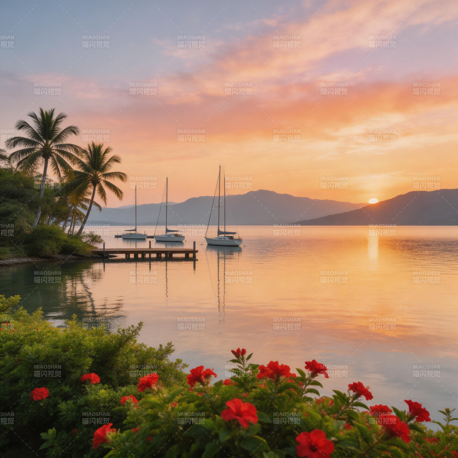 夕阳下的热带港湾图片