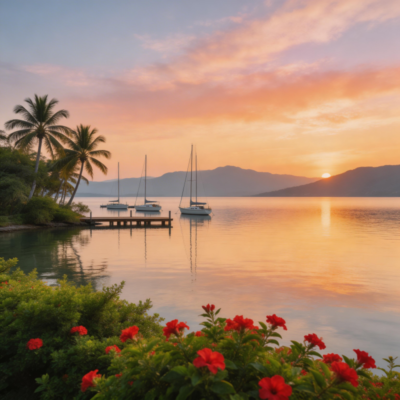夕阳下的热带港湾图片