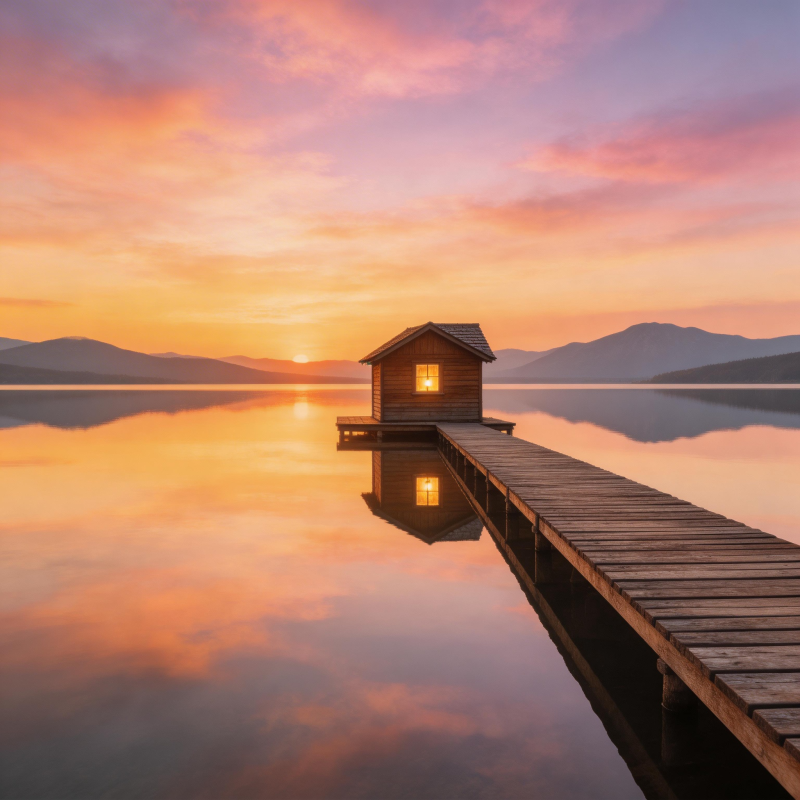 湖畔小屋夕阳美景图片
