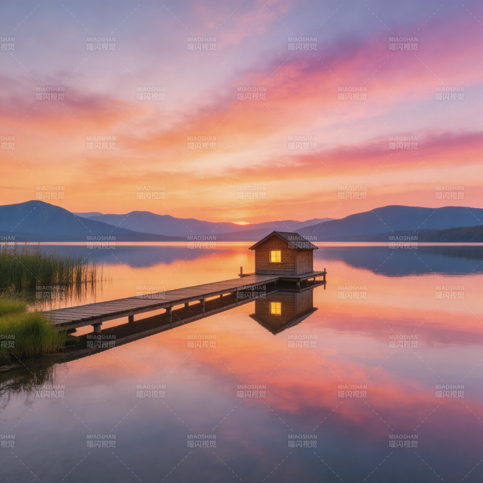 湖畔小屋夕阳美图片