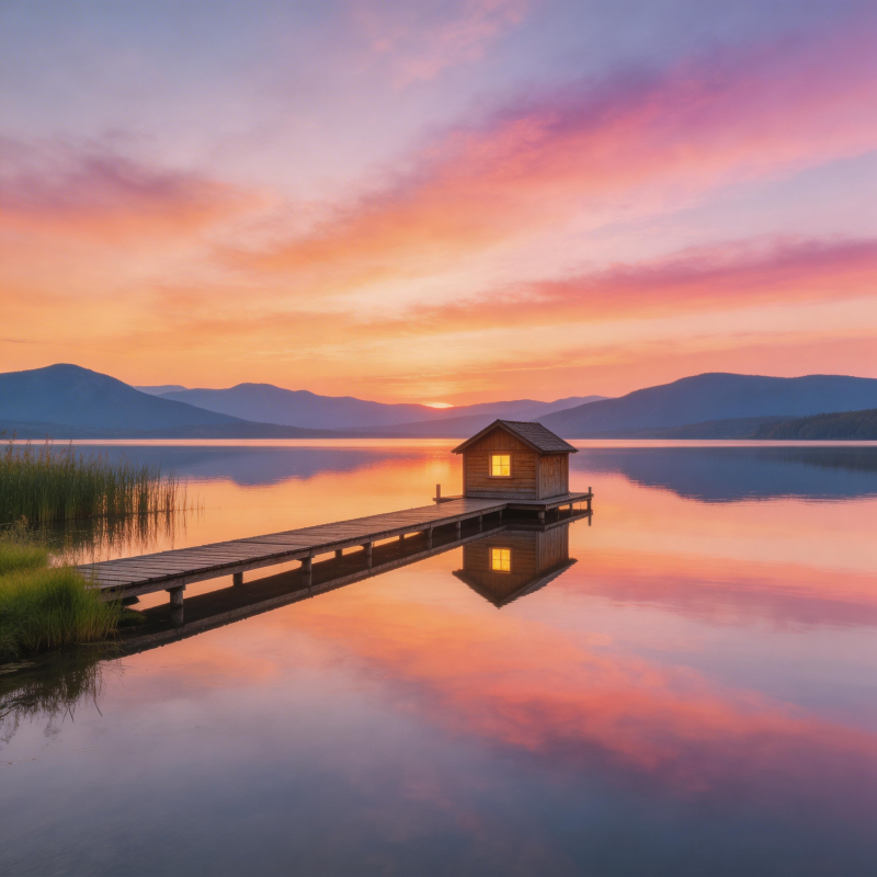 湖畔小屋夕阳美图片
