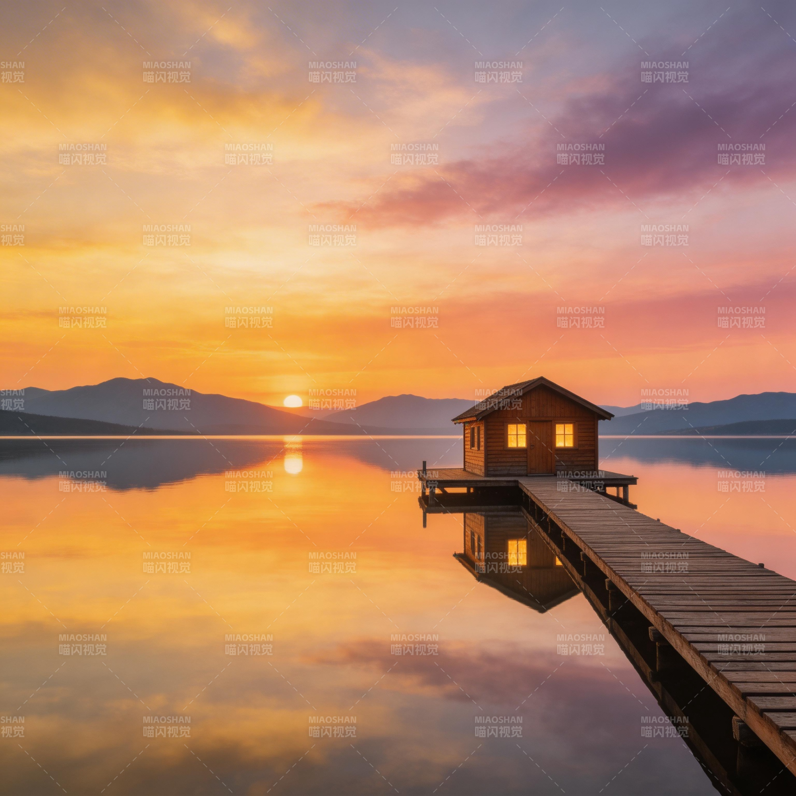 湖畔小屋日落图片