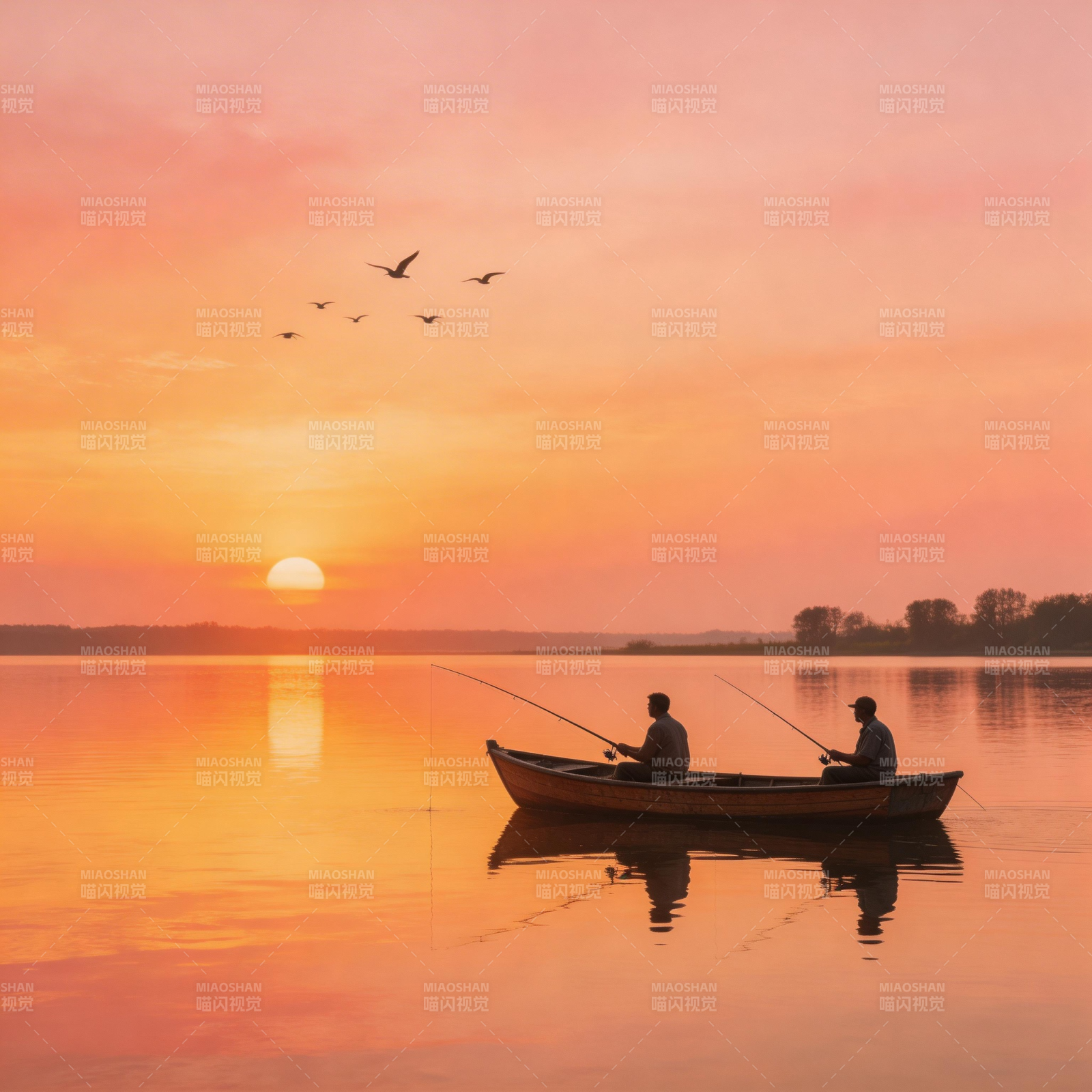 夕阳垂钓 静谧湖光图片