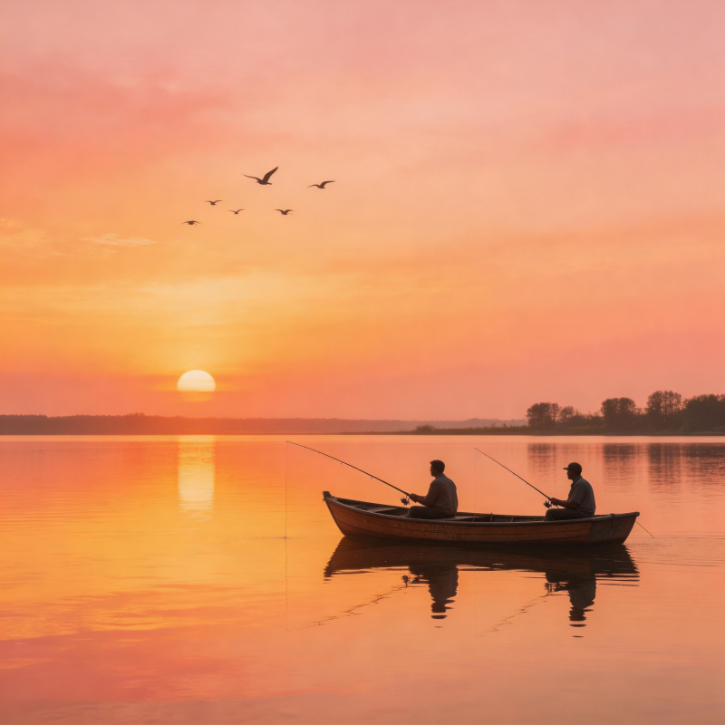 夕阳垂钓 静谧湖光图片