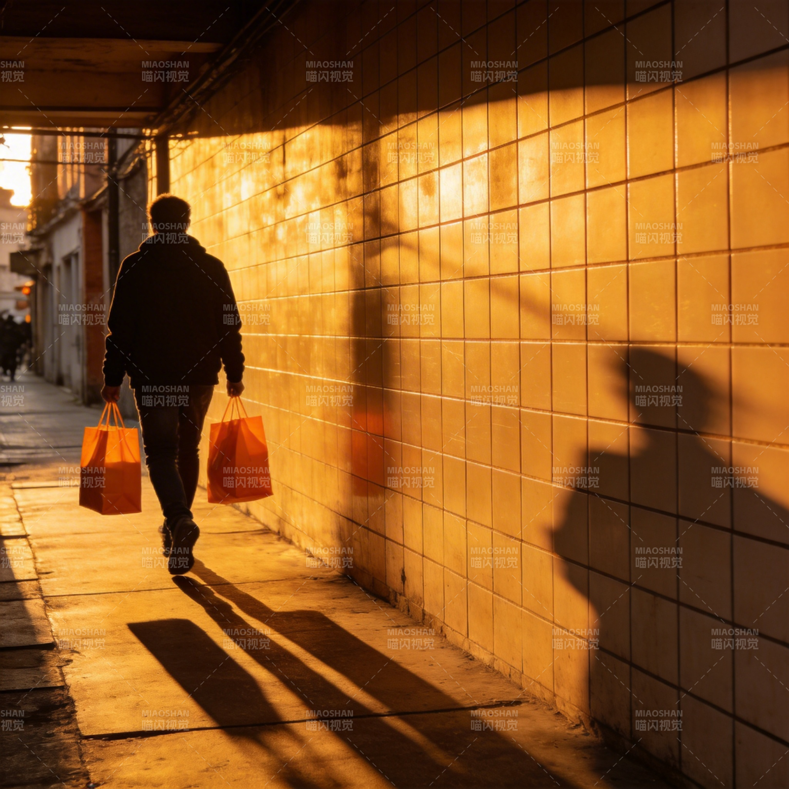 夕阳下的购物身影图片