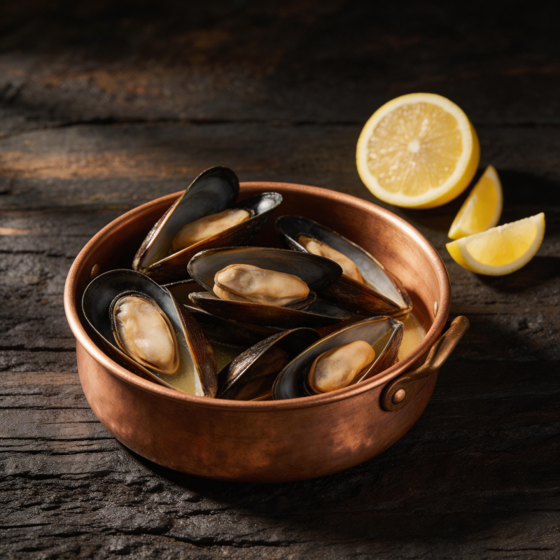 铜锅贻贝配柠檬图片