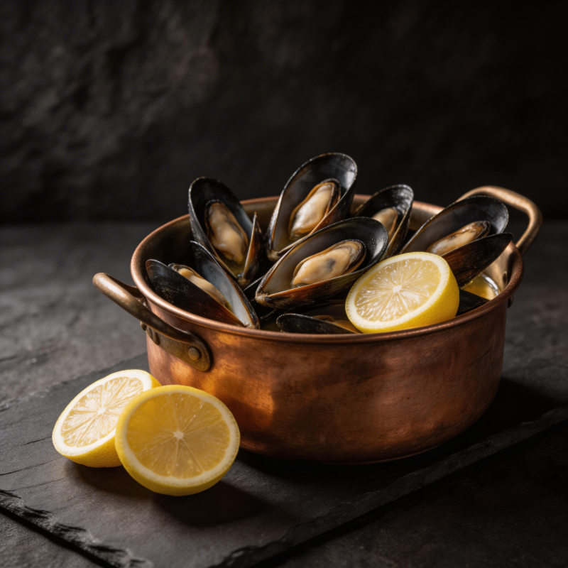 铜锅贻贝配柠檬图片