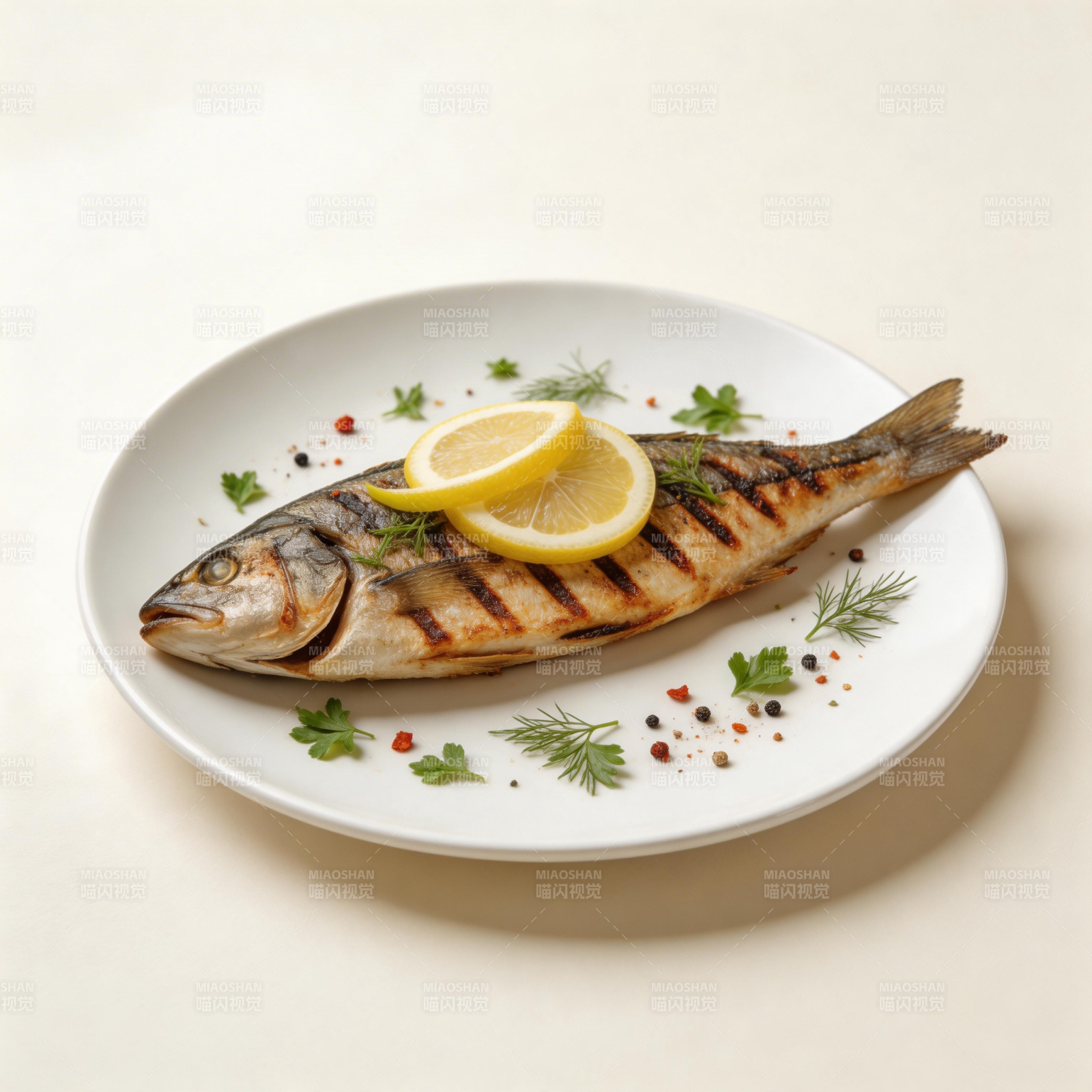 烤鱼配柠檬香草图片