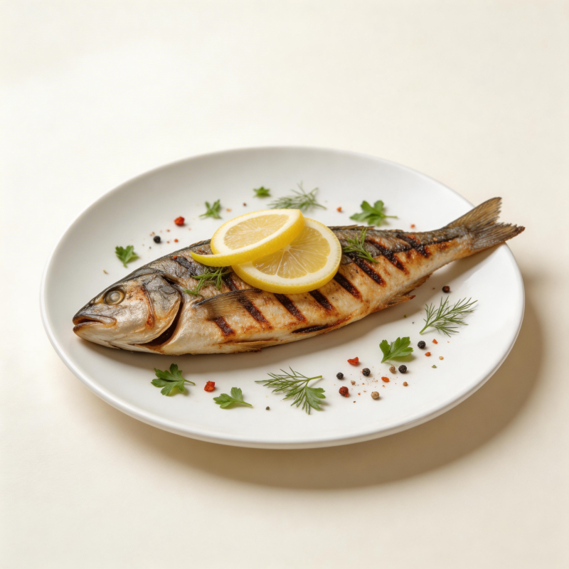 烤鱼配柠檬香草图片