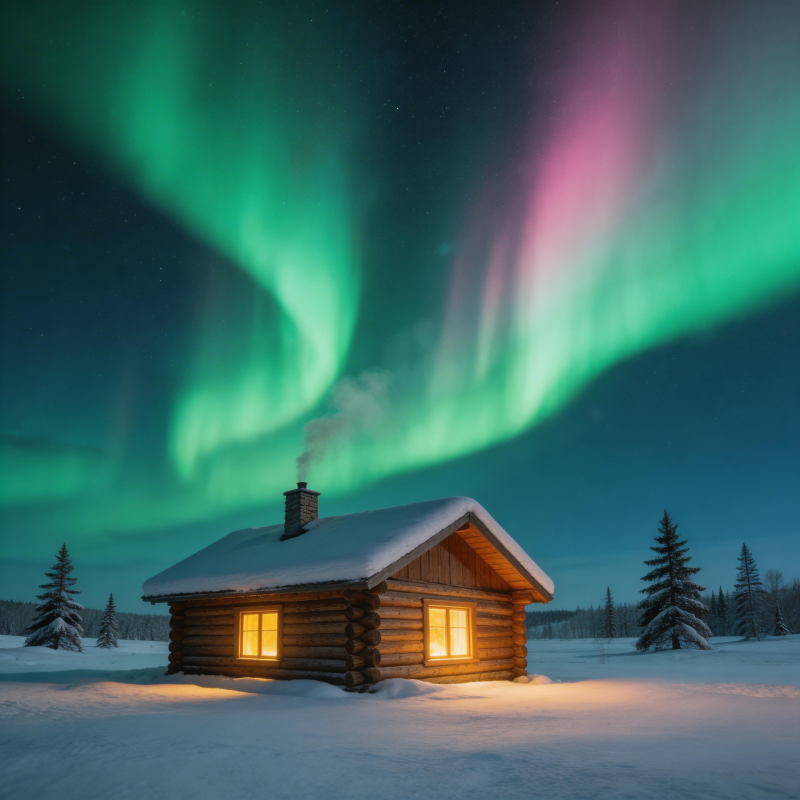 极光下的木屋图片