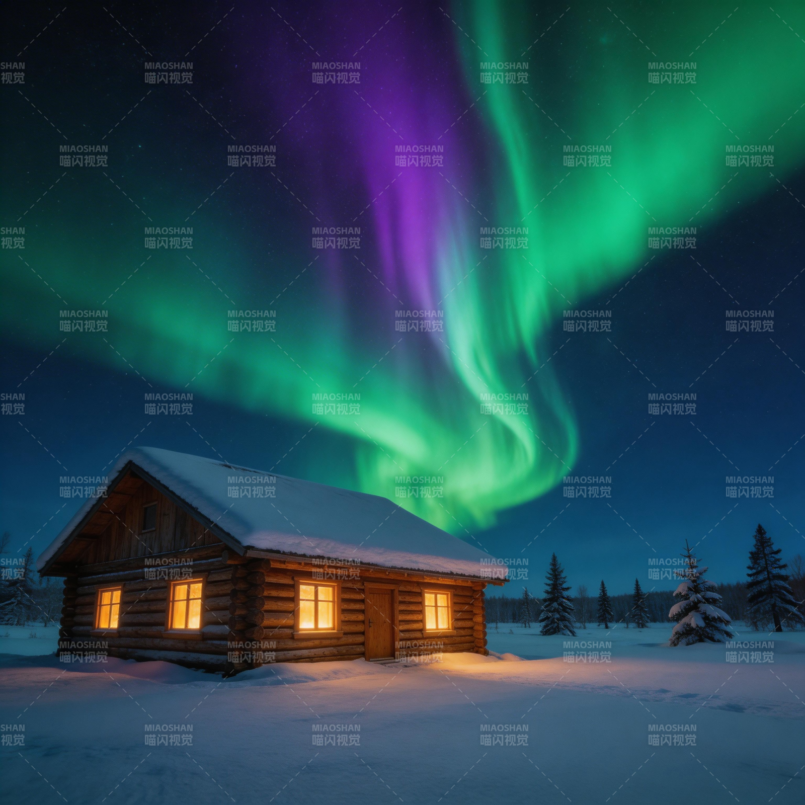 极光下的木屋图片