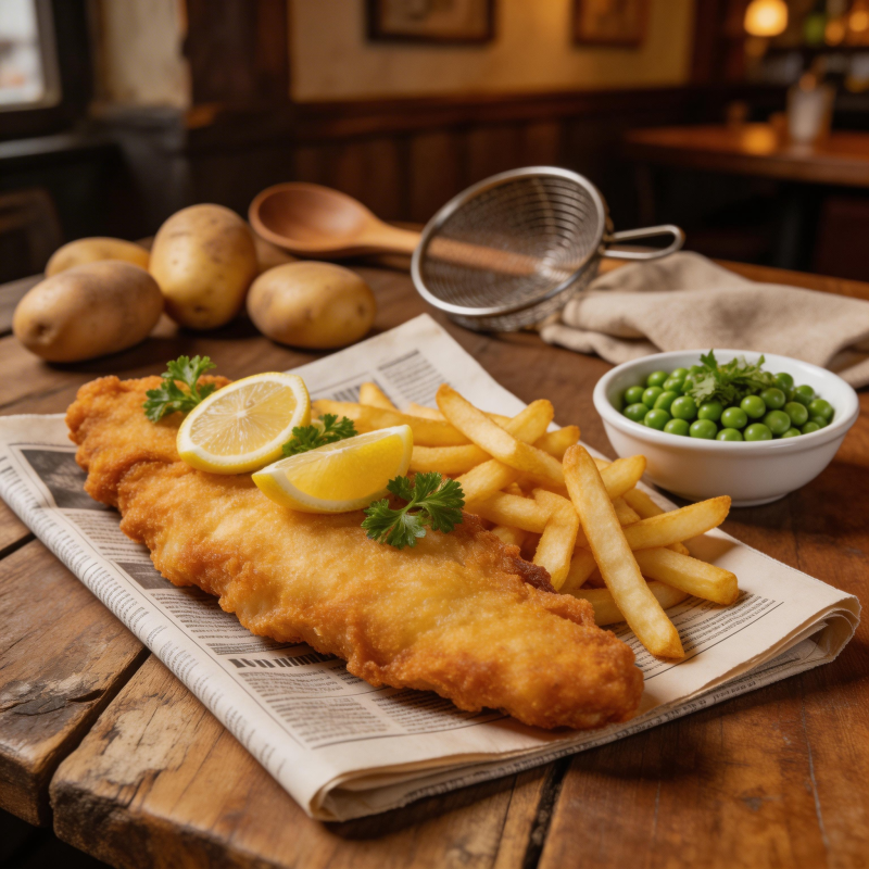 炸鱼薯条配青豆图片