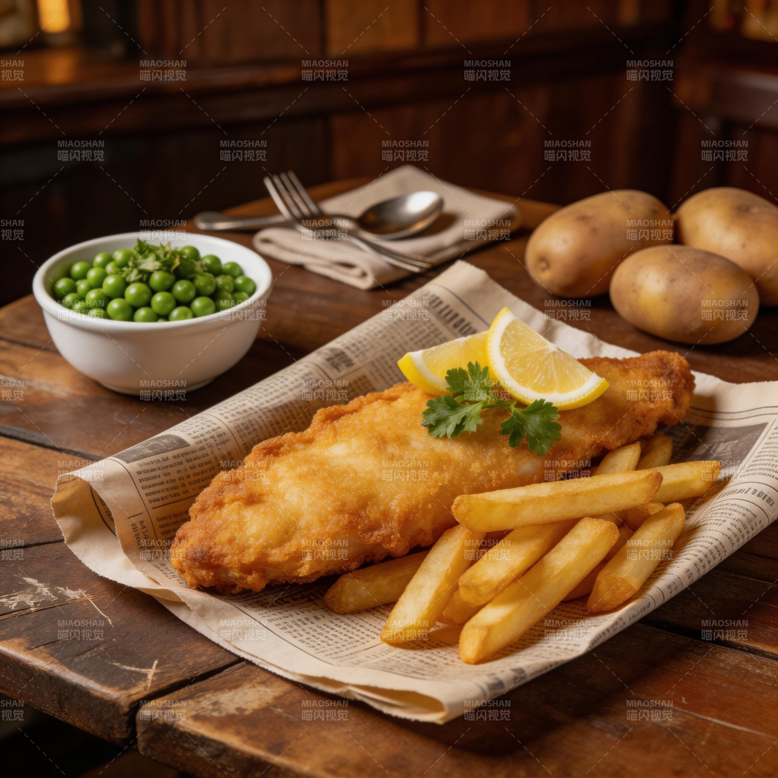 炸鱼薯条配青豆图片