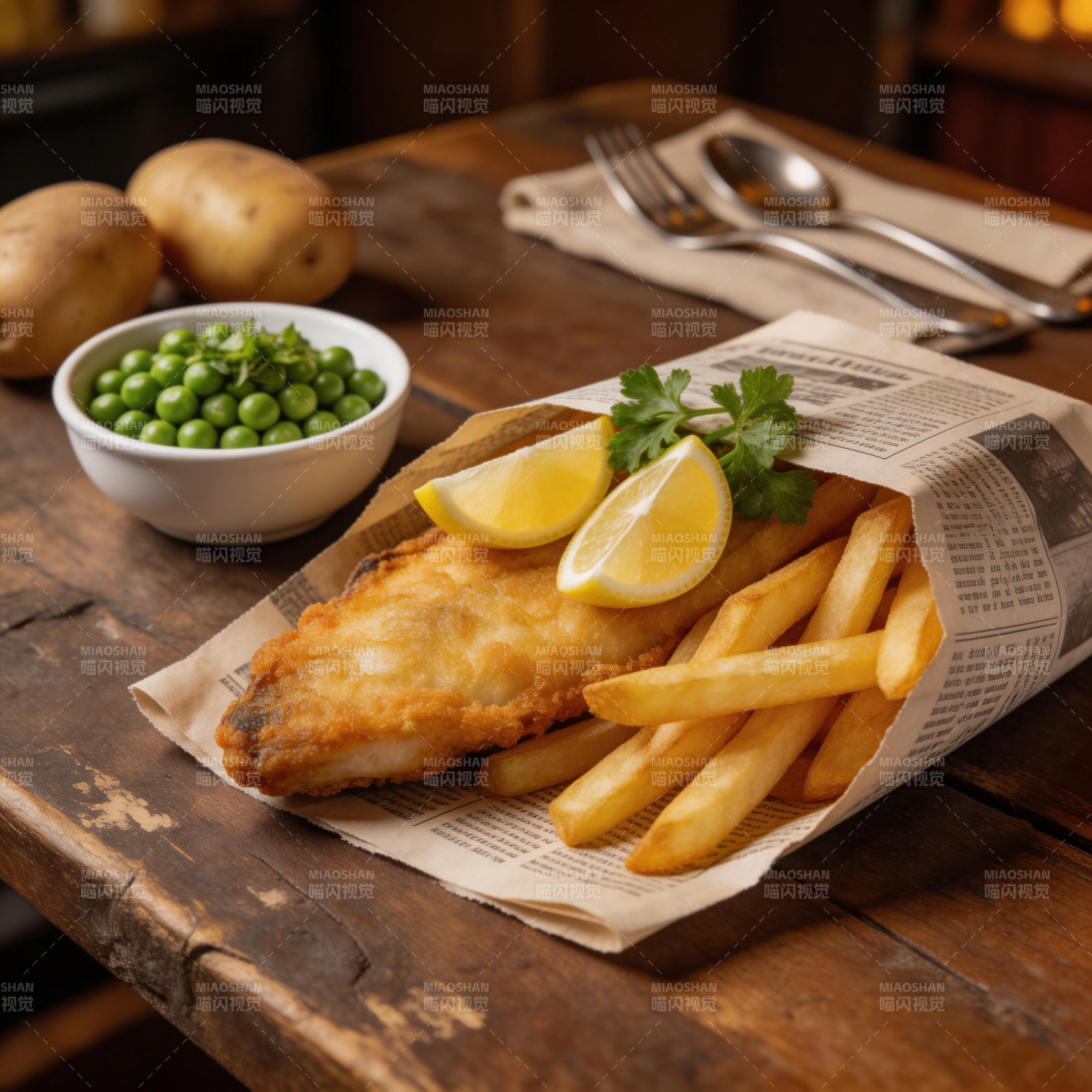 炸鱼薯条配青豆图片