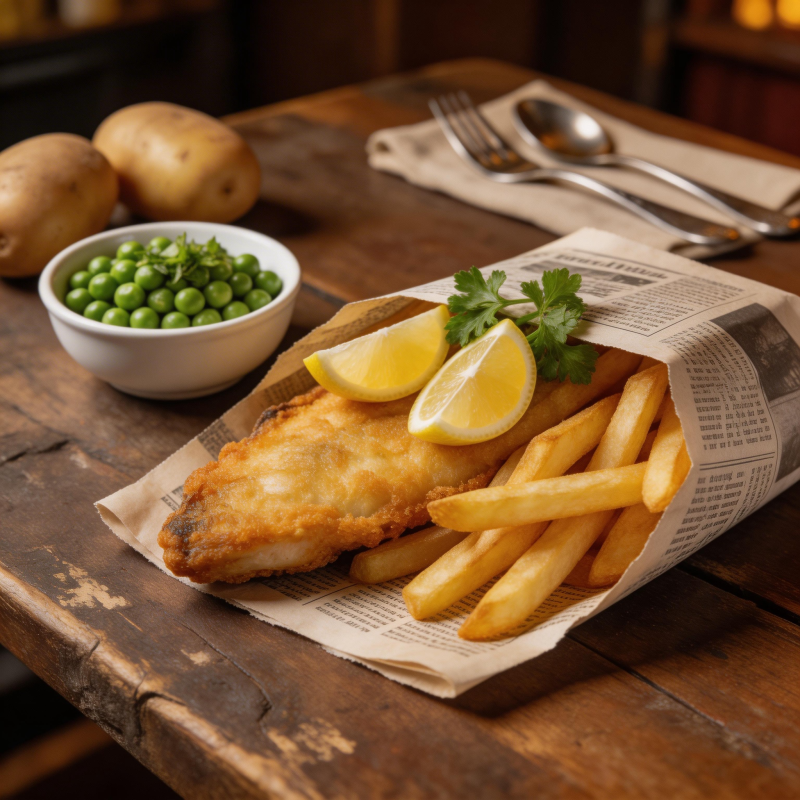 炸鱼薯条配青豆图片