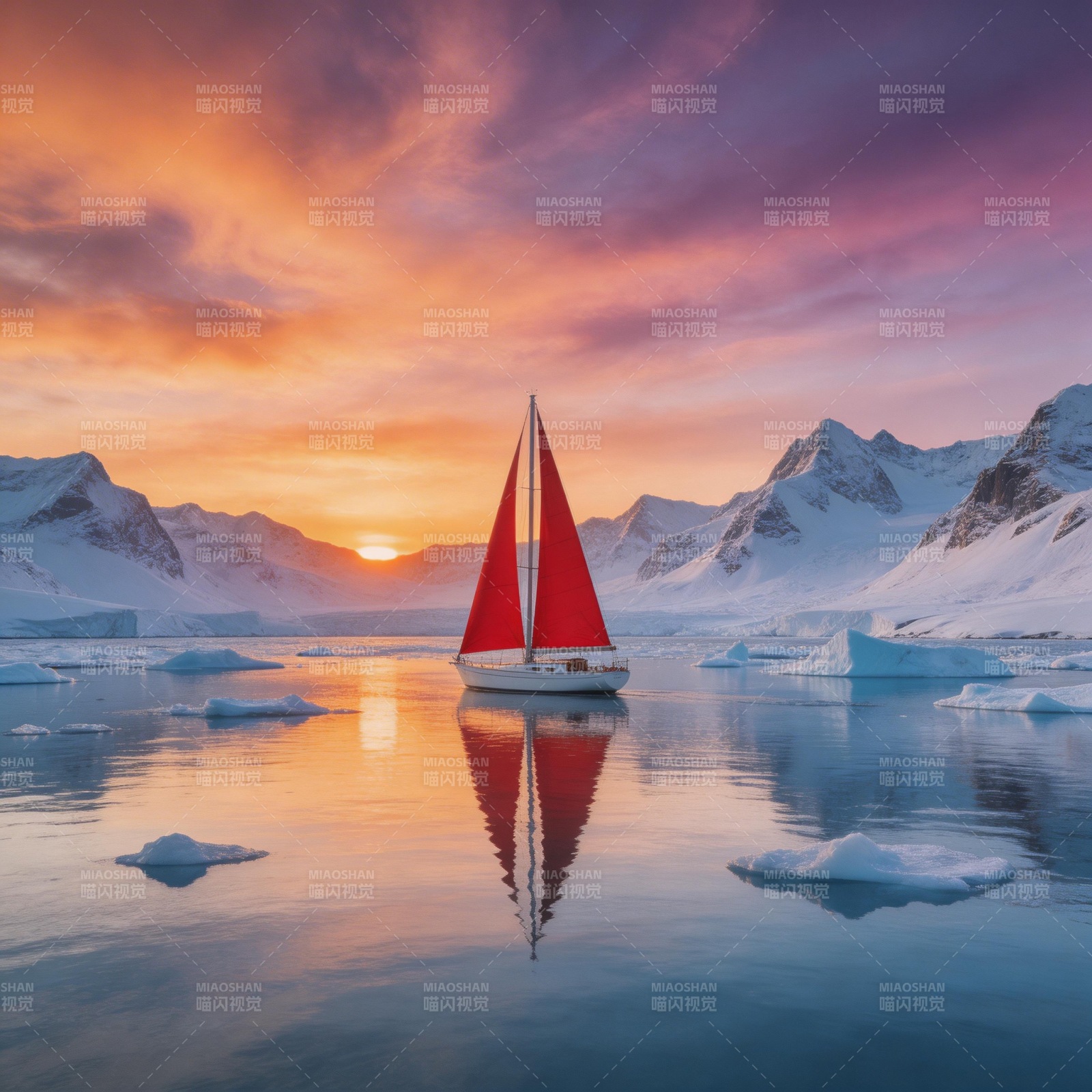极地帆影 日落冰川图片