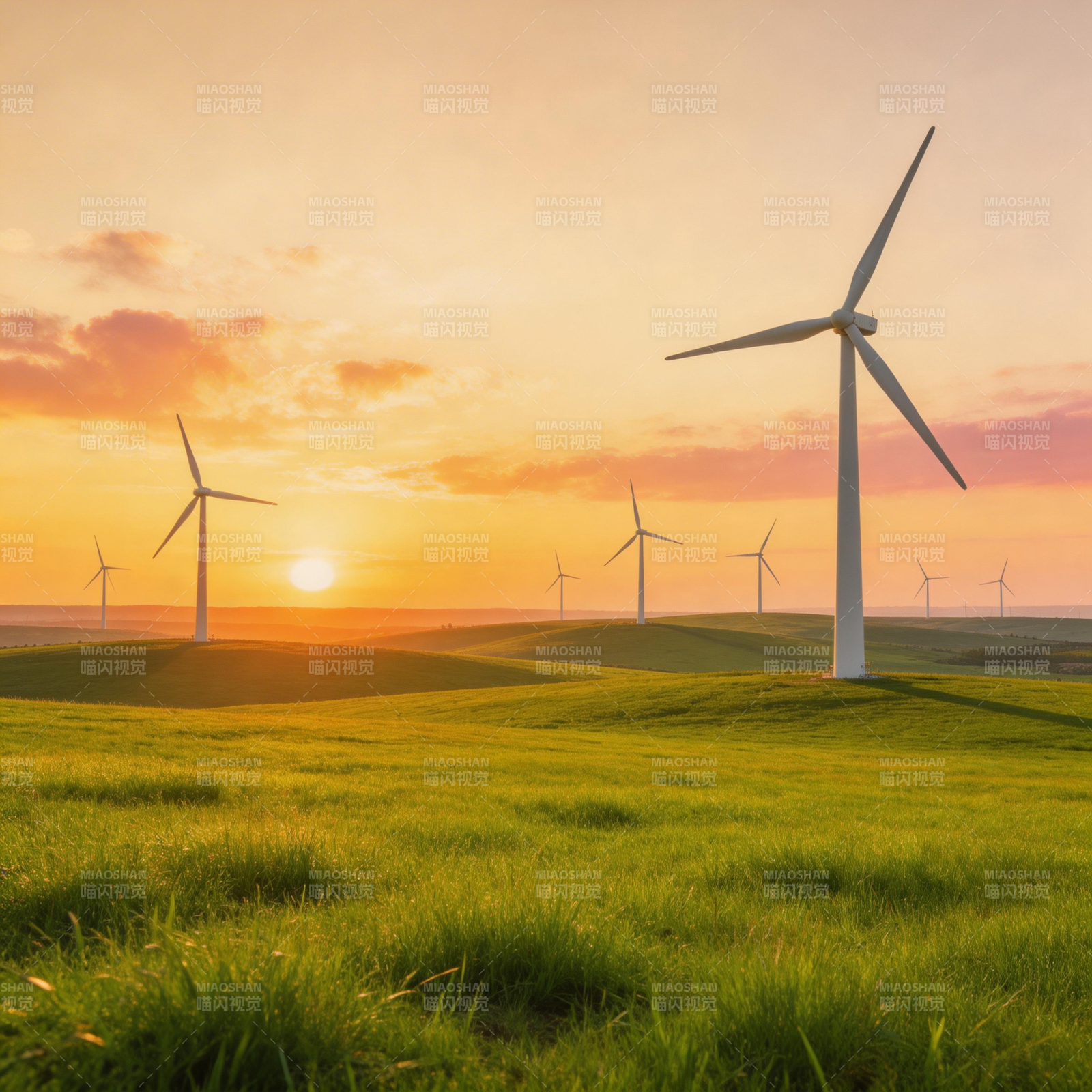 风车日落田园图片
