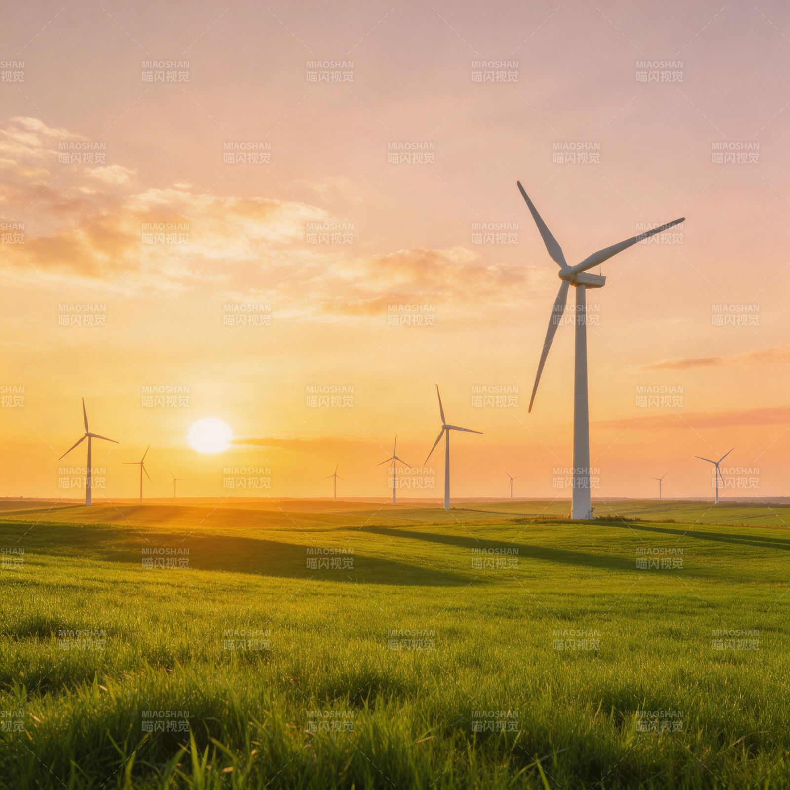 风车日落田园图片