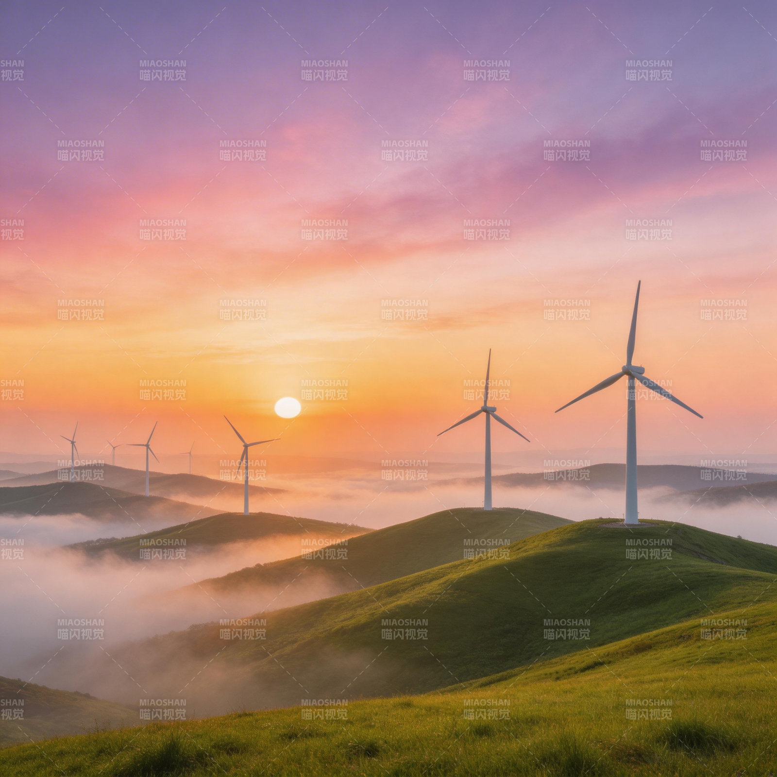 风车晨曦山间景图片