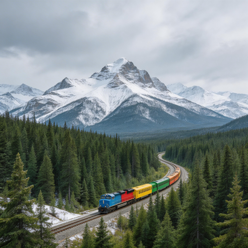 雪山林间彩车行图片