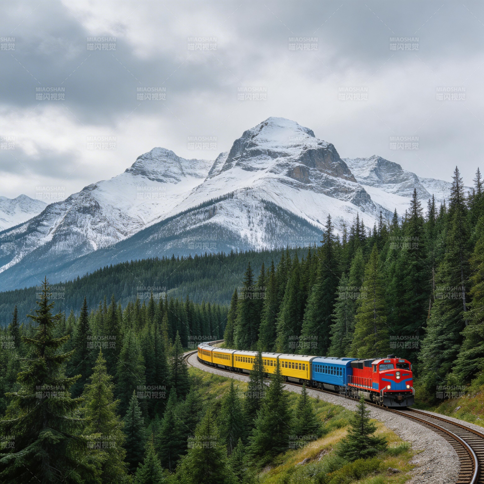 雪山林间火车行图片