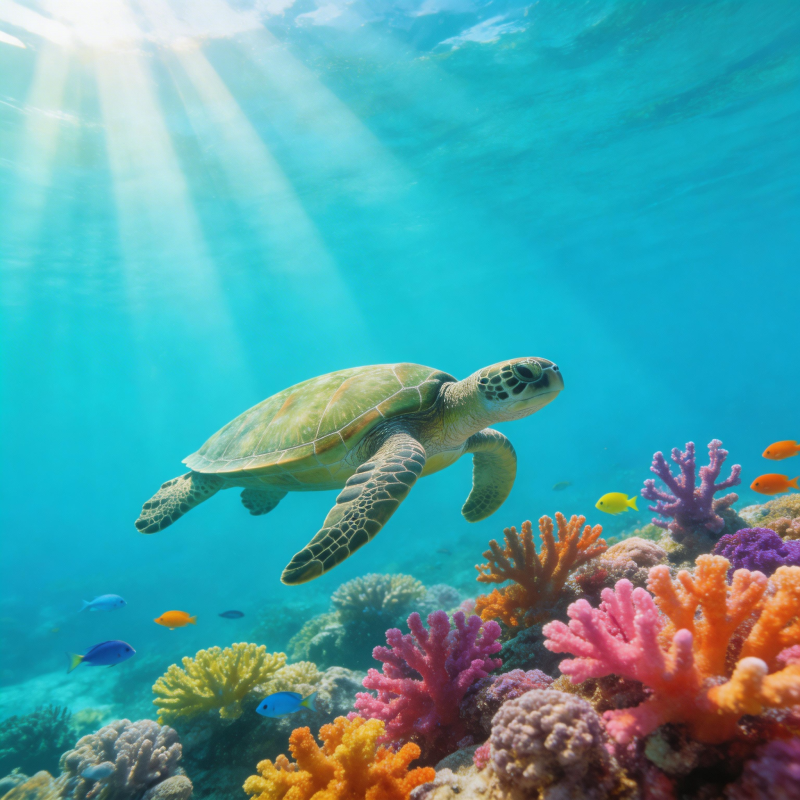 海龟游弋珊瑚礁图片