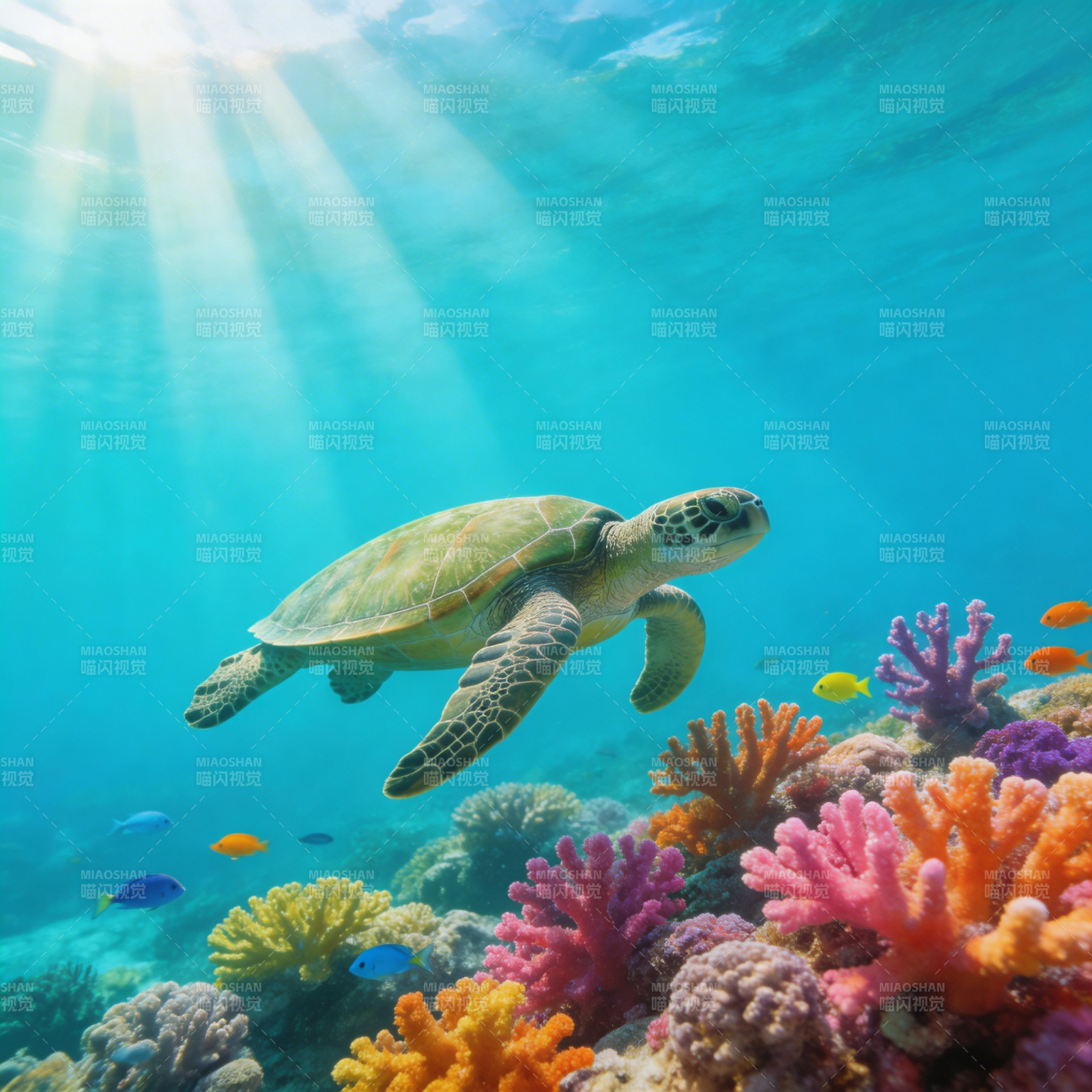 海龟游弋珊瑚礁图片