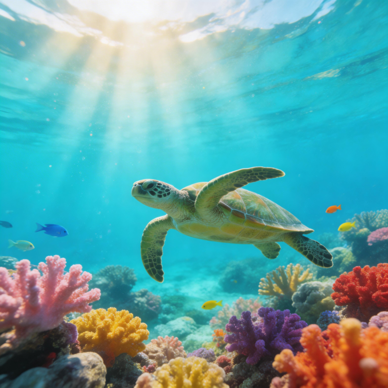 海底龟游珊瑚间图片