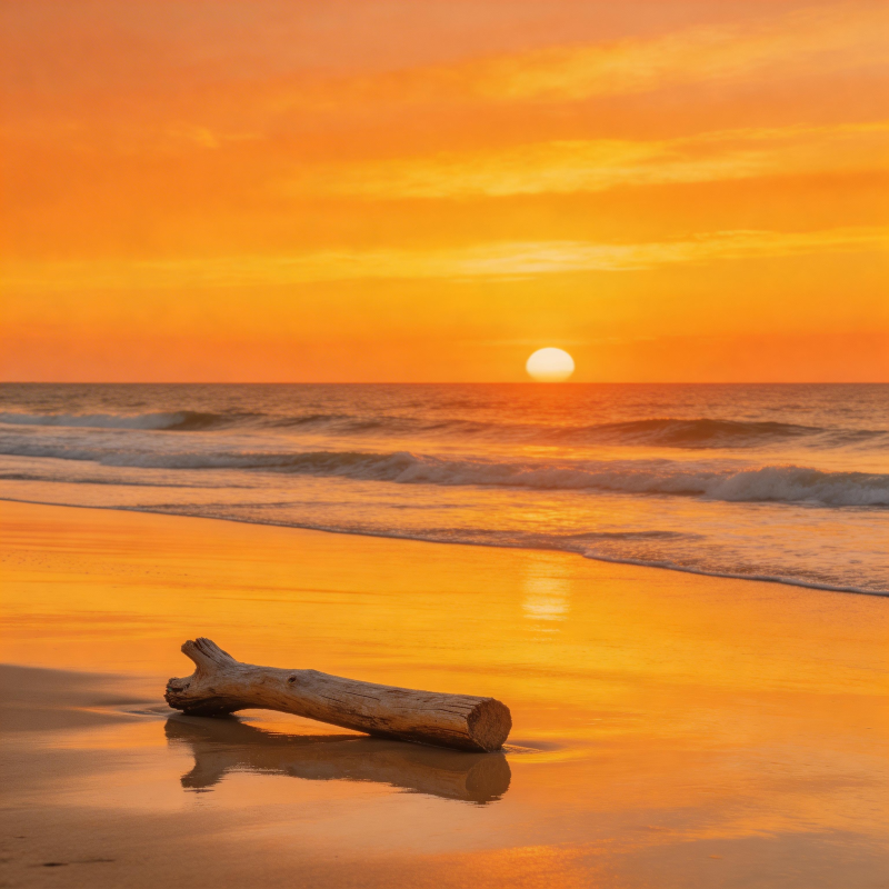 夕阳下的海滩枯木图片