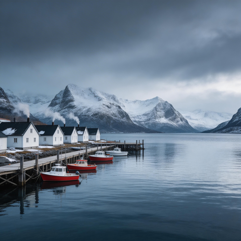 雪峰渔村静谧景图片