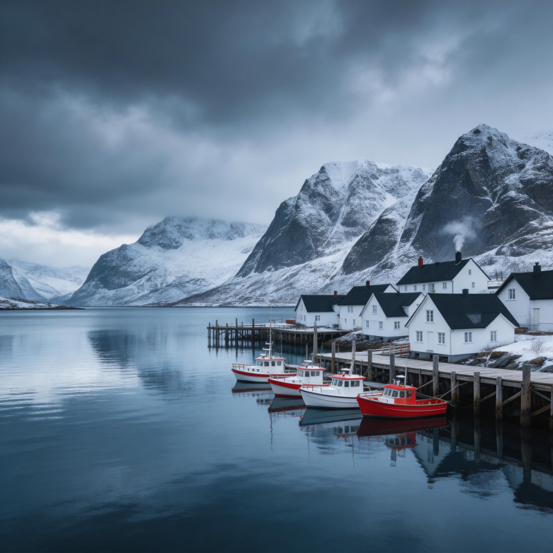 雪峰渔村静谧景图片