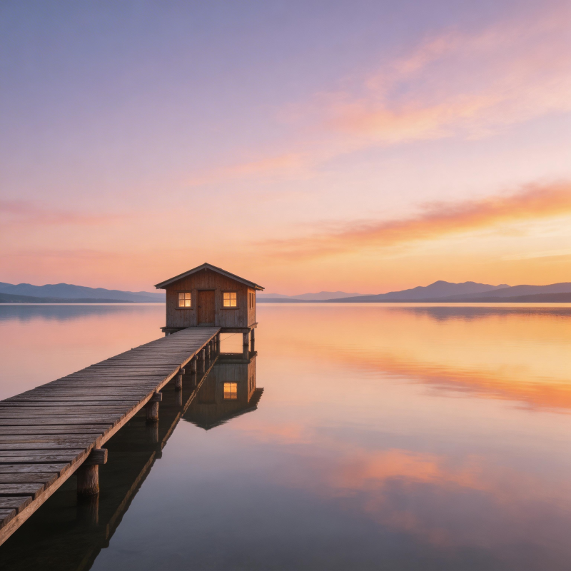 湖畔小屋日落图片