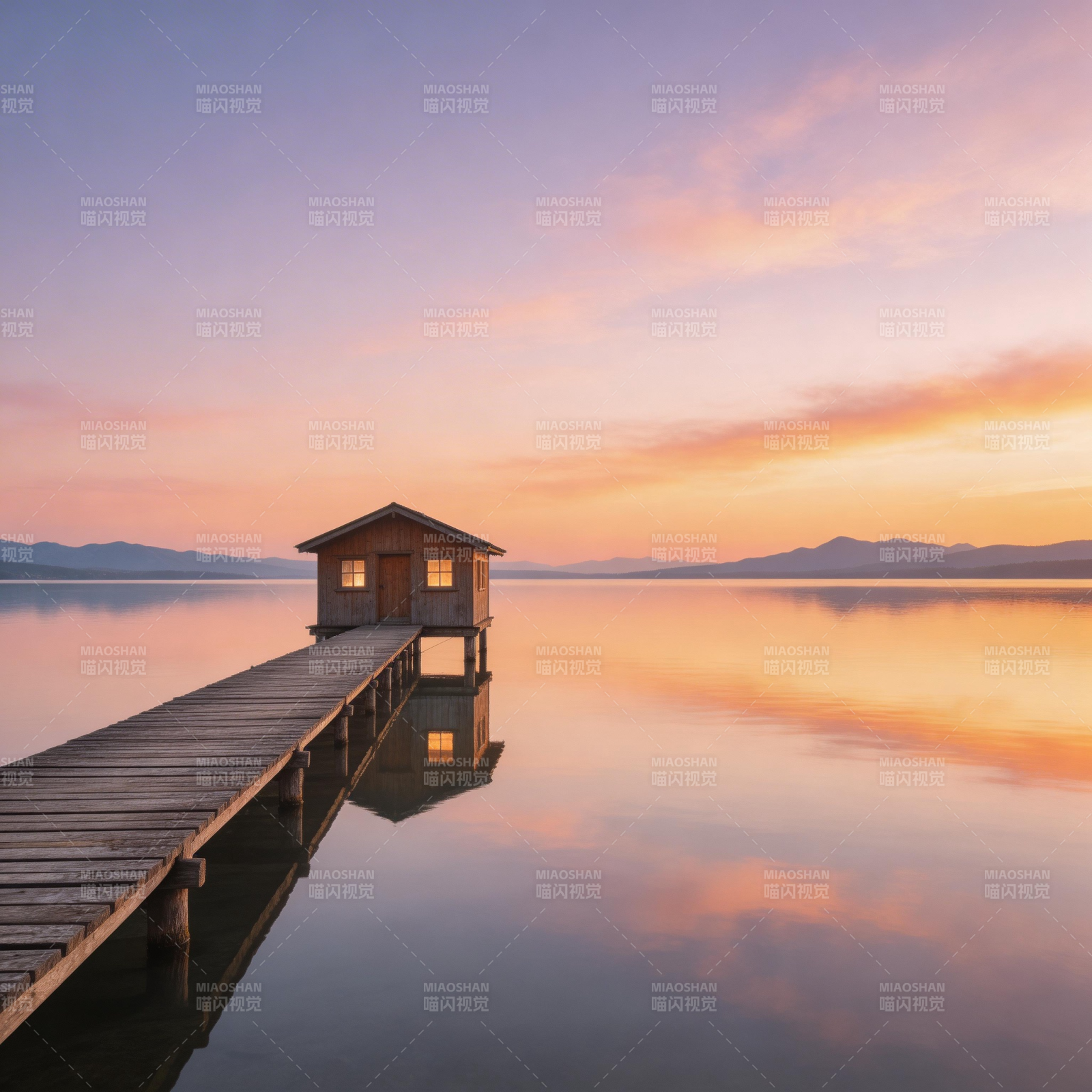 湖畔小屋日落图片