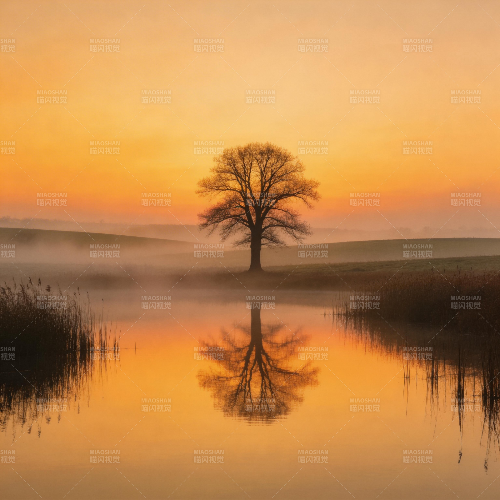 晨雾孤树映湖光图片