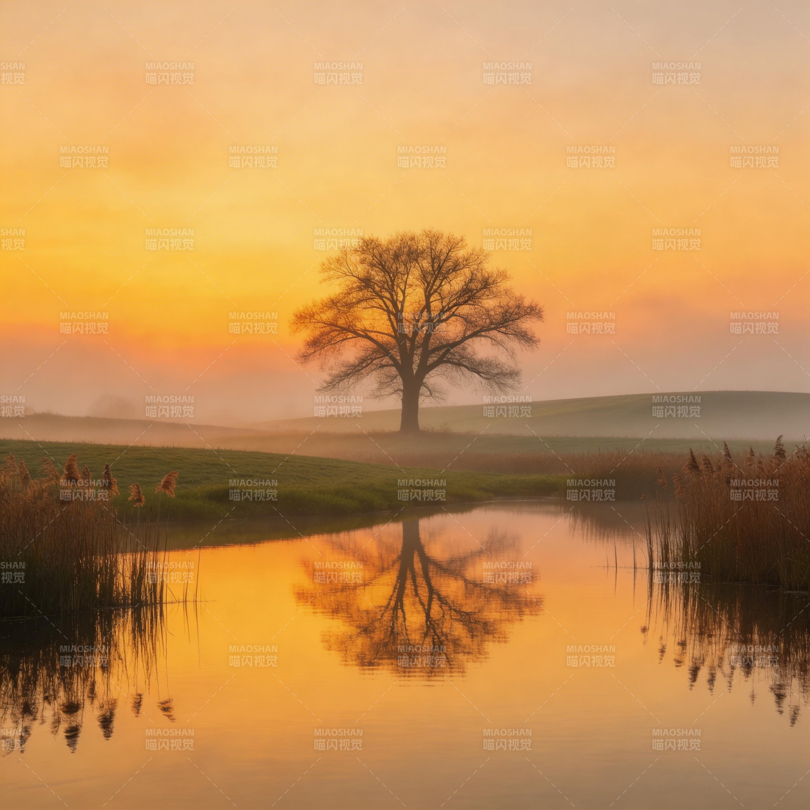 晨雾孤树映湖光图片