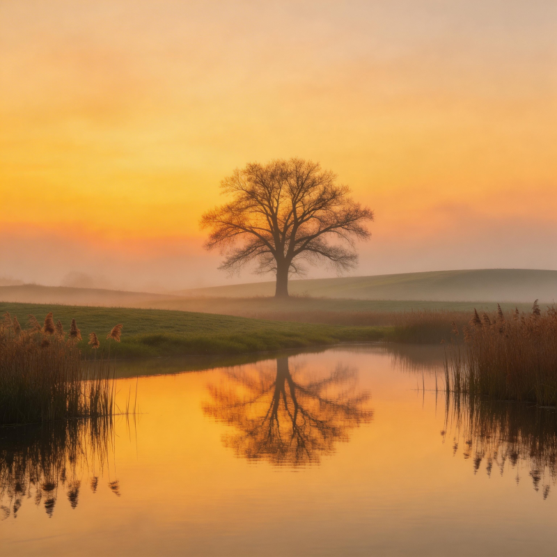 晨雾孤树映湖光图片